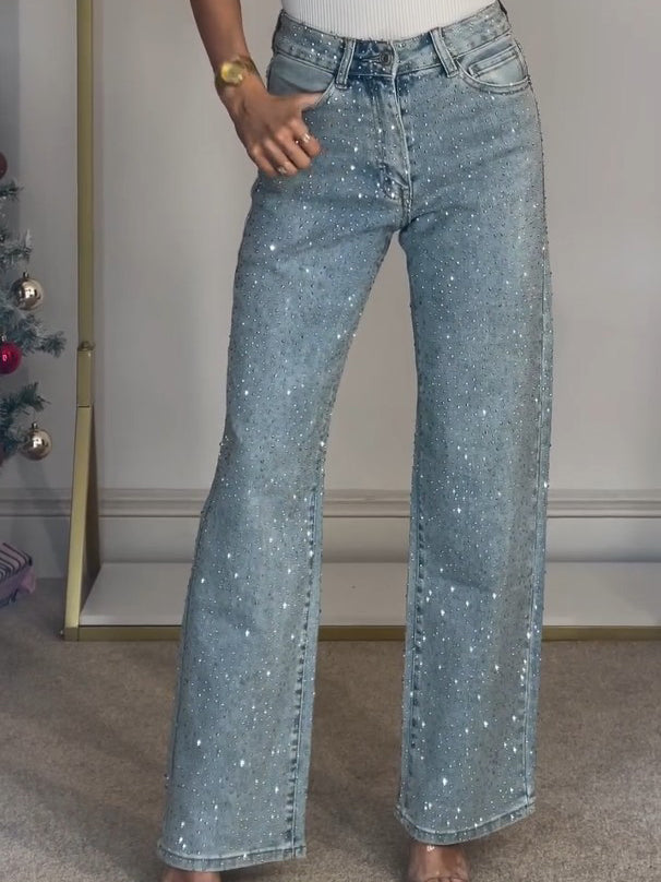 ELARA | High-Waisted Diamanté Straight Leg Jeans
