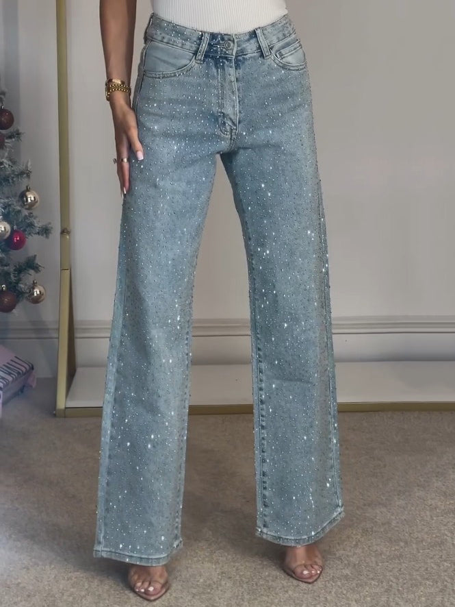 ELARA | High-Waisted Diamanté Straight Leg Jeans