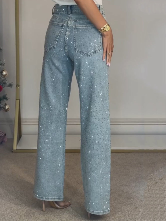 ELARA | High-Waisted Diamanté Straight Leg Jeans