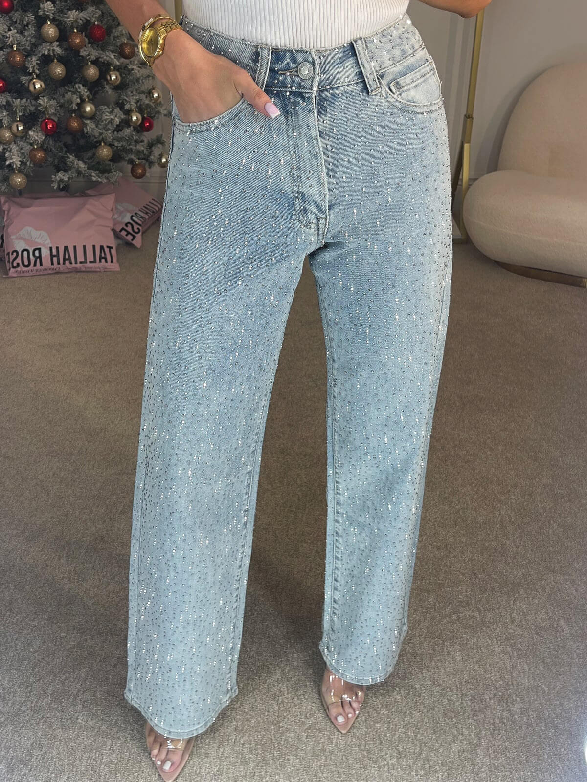 ELARA | High-Waisted Diamanté Straight Leg Jeans